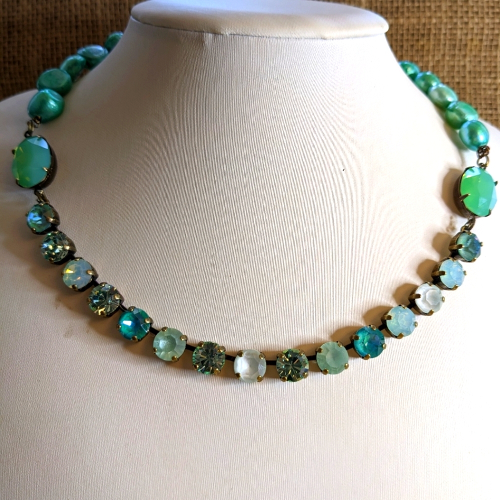 Mint Green Opal Swarovski Crystal and Baroque Pearl Statement Necklace in Brass